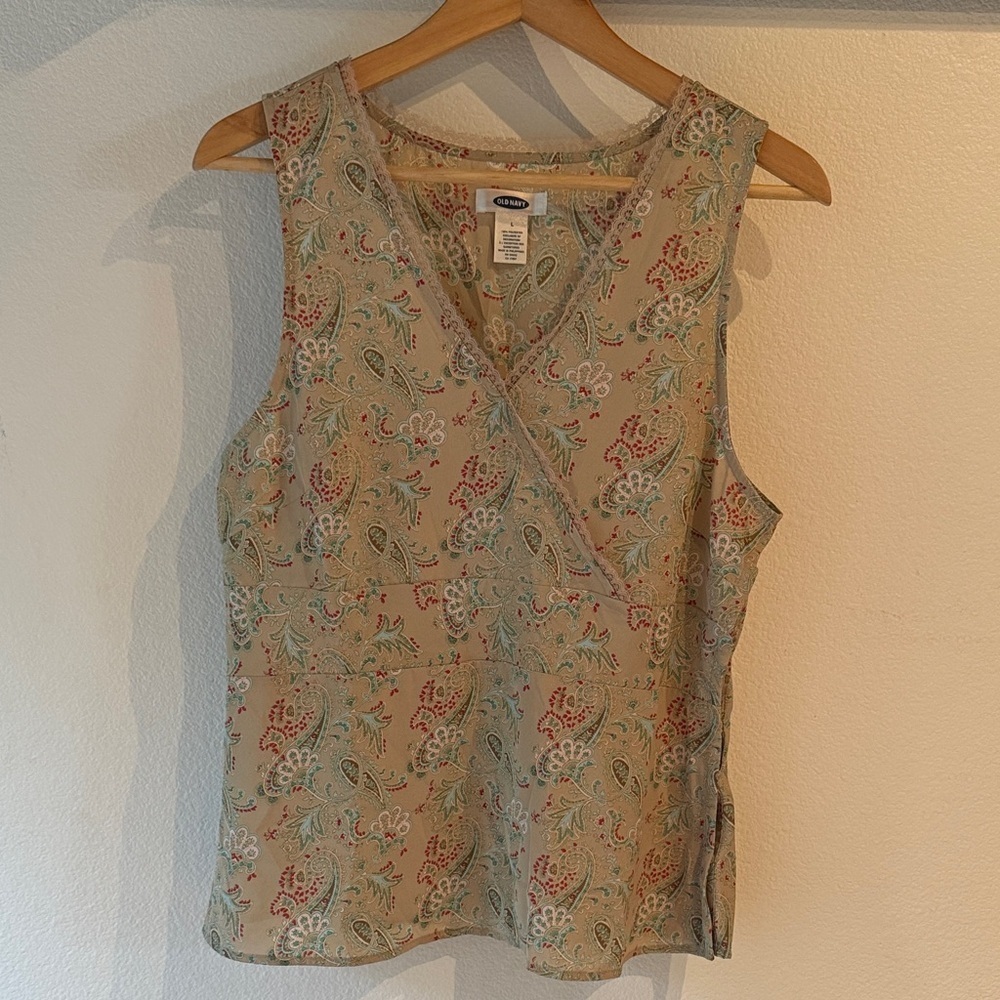 Old Navy Beige Floral Paisley Lace Trim Wrap Blouse, Size L